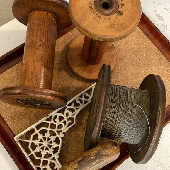 Lot/5 Architectural Wood & Metal Tools Spools & Wire Spool W/Wire & Wall Bracket